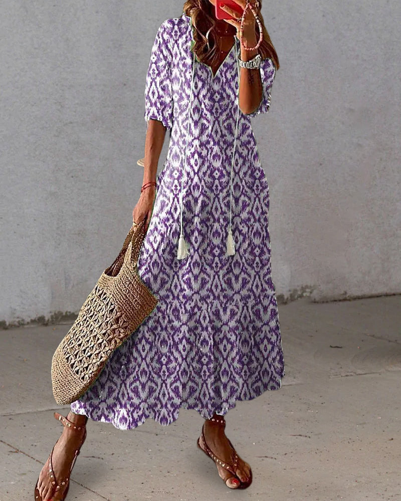 Sylvia – Boho Vintage V-Neck Printed Dress