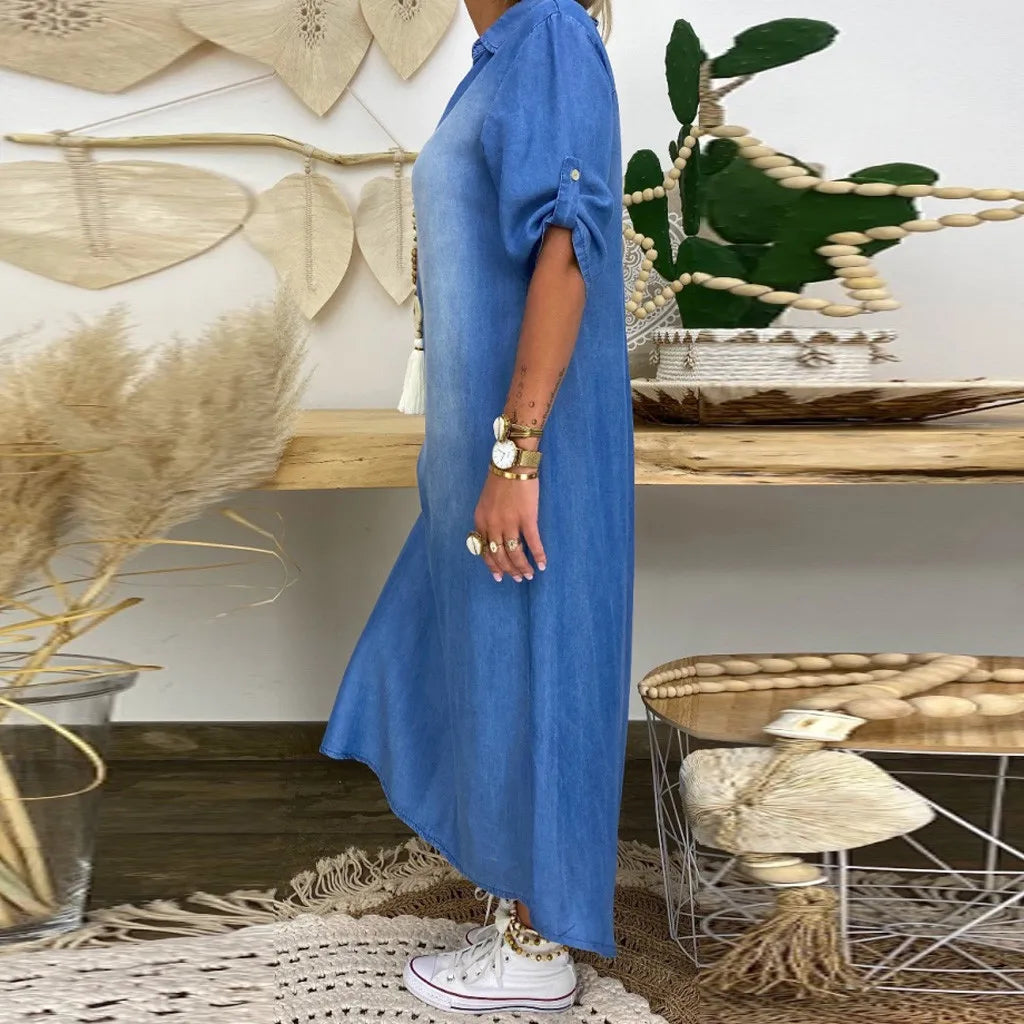 Henrietta – Long Denim Look Dress with Side Slit