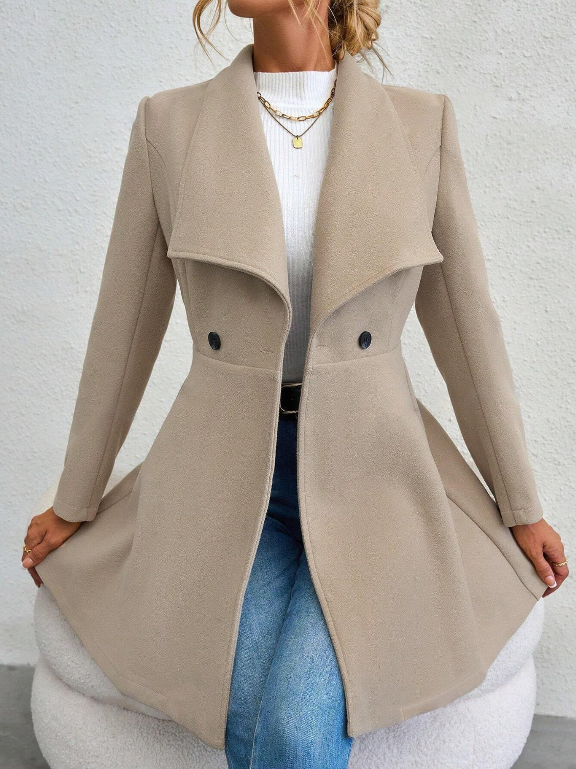 Monique – Collared Neck Button-Up Long Sleeve Coat