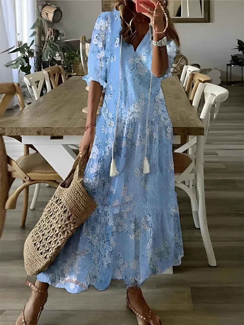 Sylvia – Boho Vintage V-Neck Printed Dress