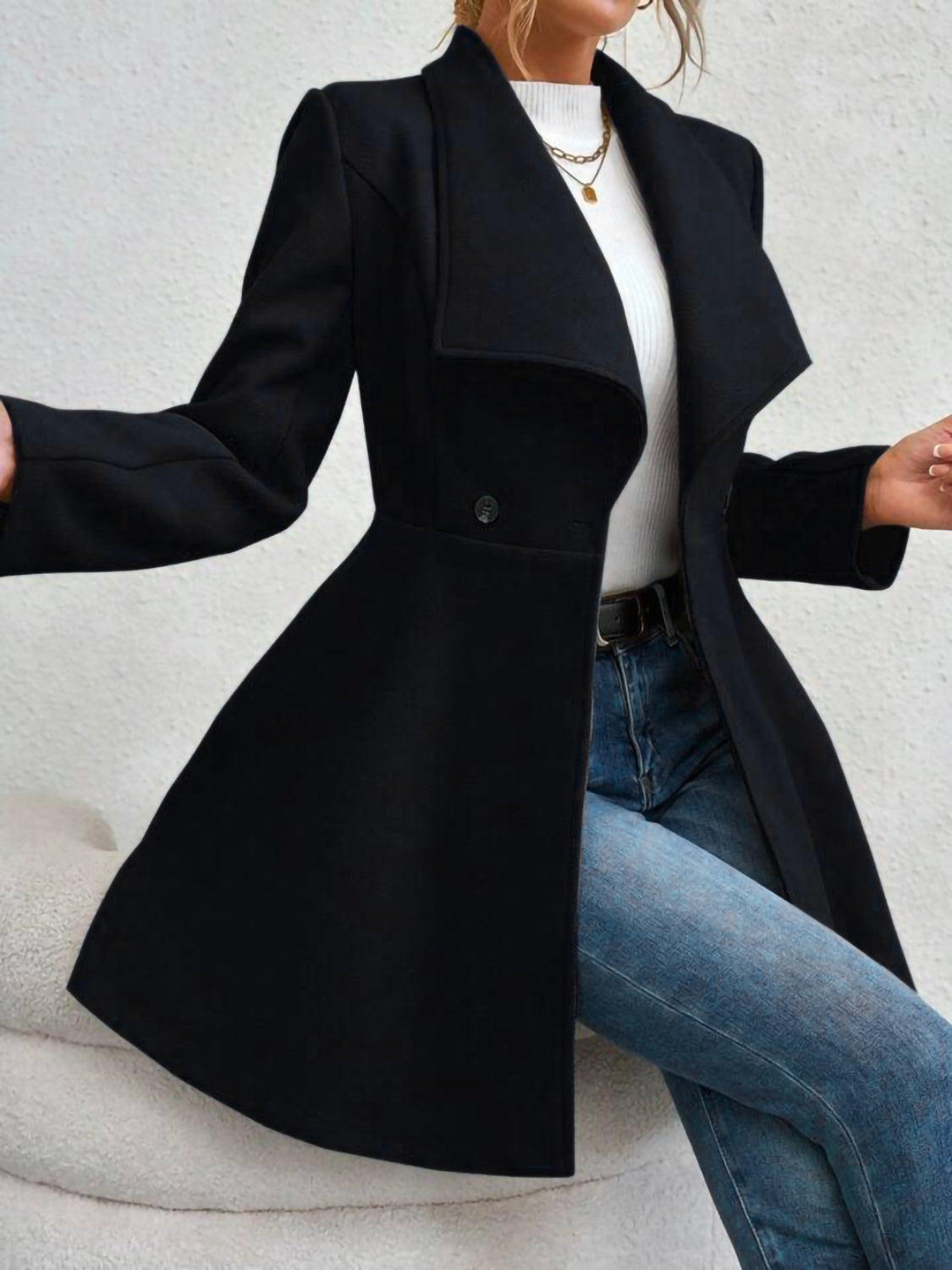 Monique – Collared Neck Button-Up Long Sleeve Coat