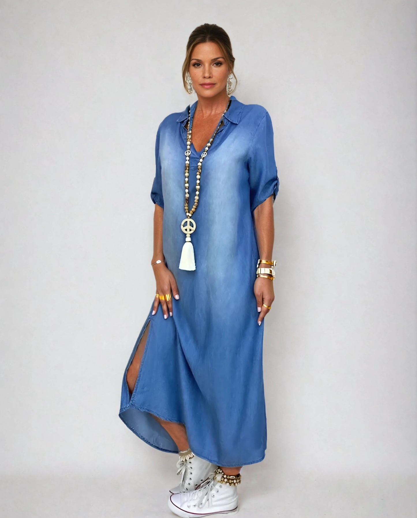 Henrietta – Long Denim Look Dress with Side Slit