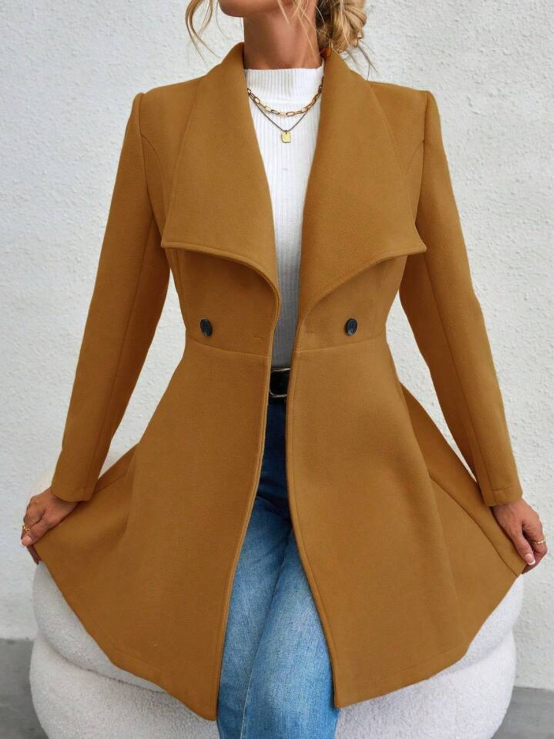 Monique – Collared Neck Button-Up Long Sleeve Coat
