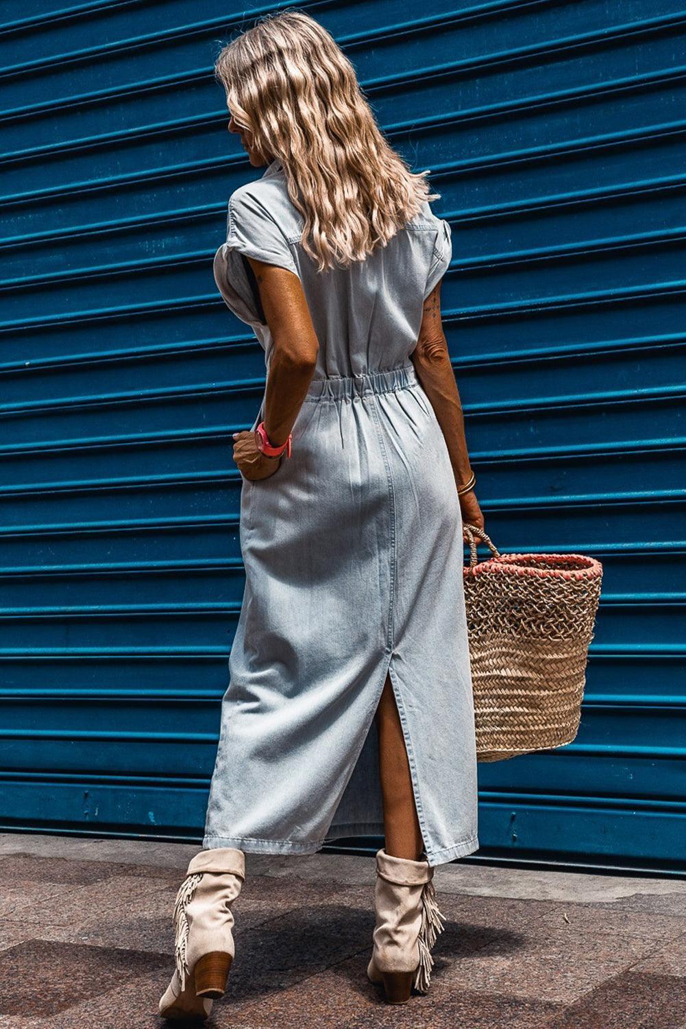 Isabelle - Denim Dress with Elegant, Short Batwing Sleeves