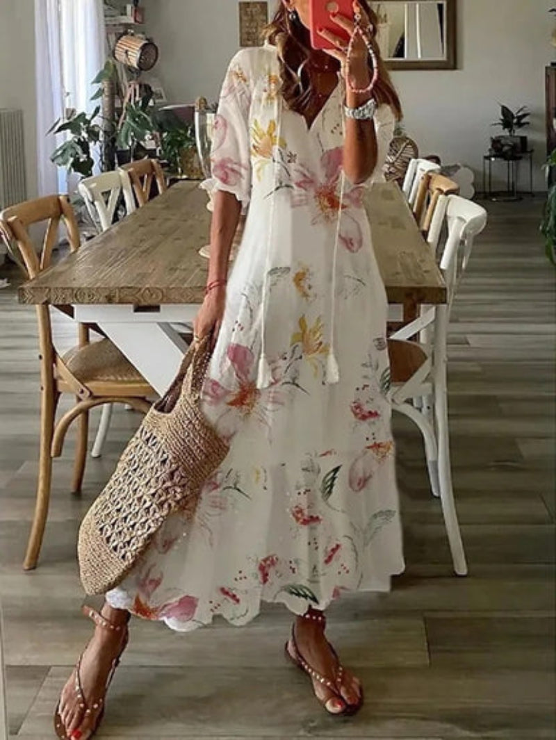 Sylvia – Boho Vintage V-Neck Printed Dress