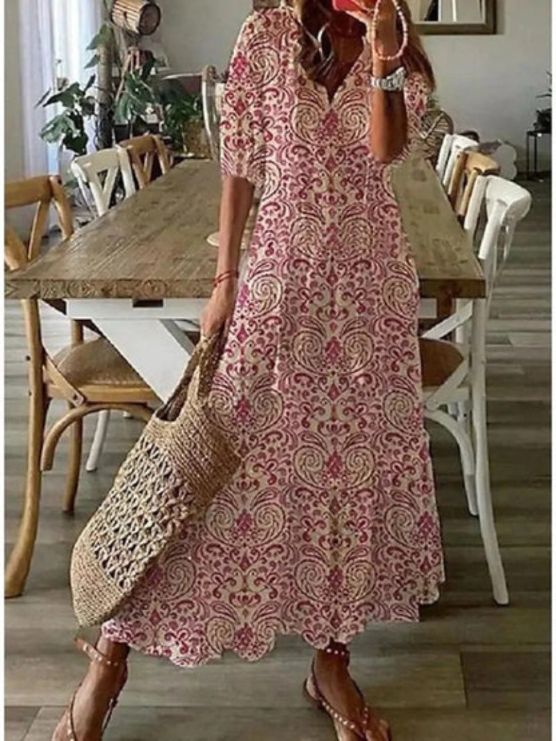 Sylvia – Boho Vintage V-Neck Printed Dress