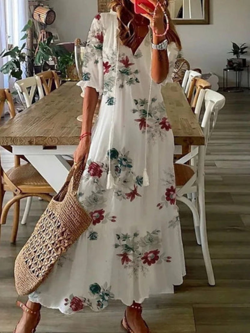 Sylvia – Boho Vintage V-Neck Printed Dress