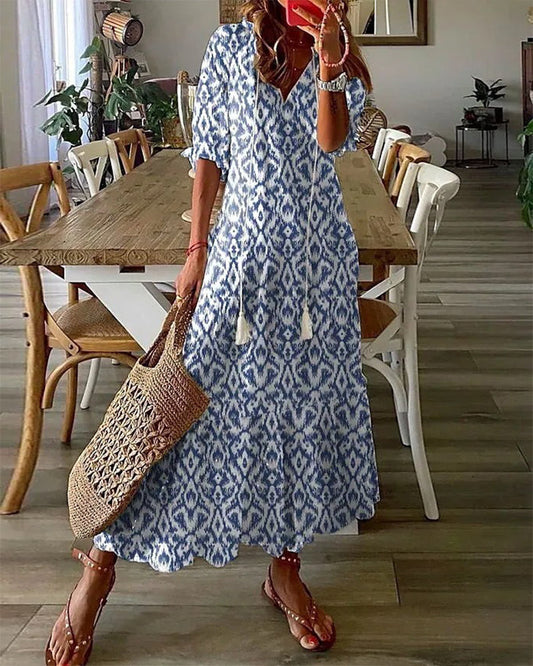 Sylvia – Boho Vintage V-Neck Printed Dress