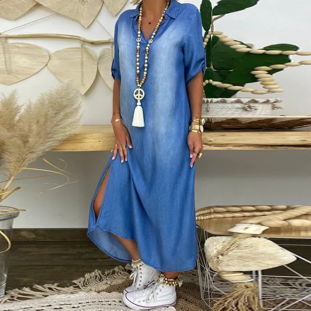 Henrietta – Long Denim Look Dress with Side Slit