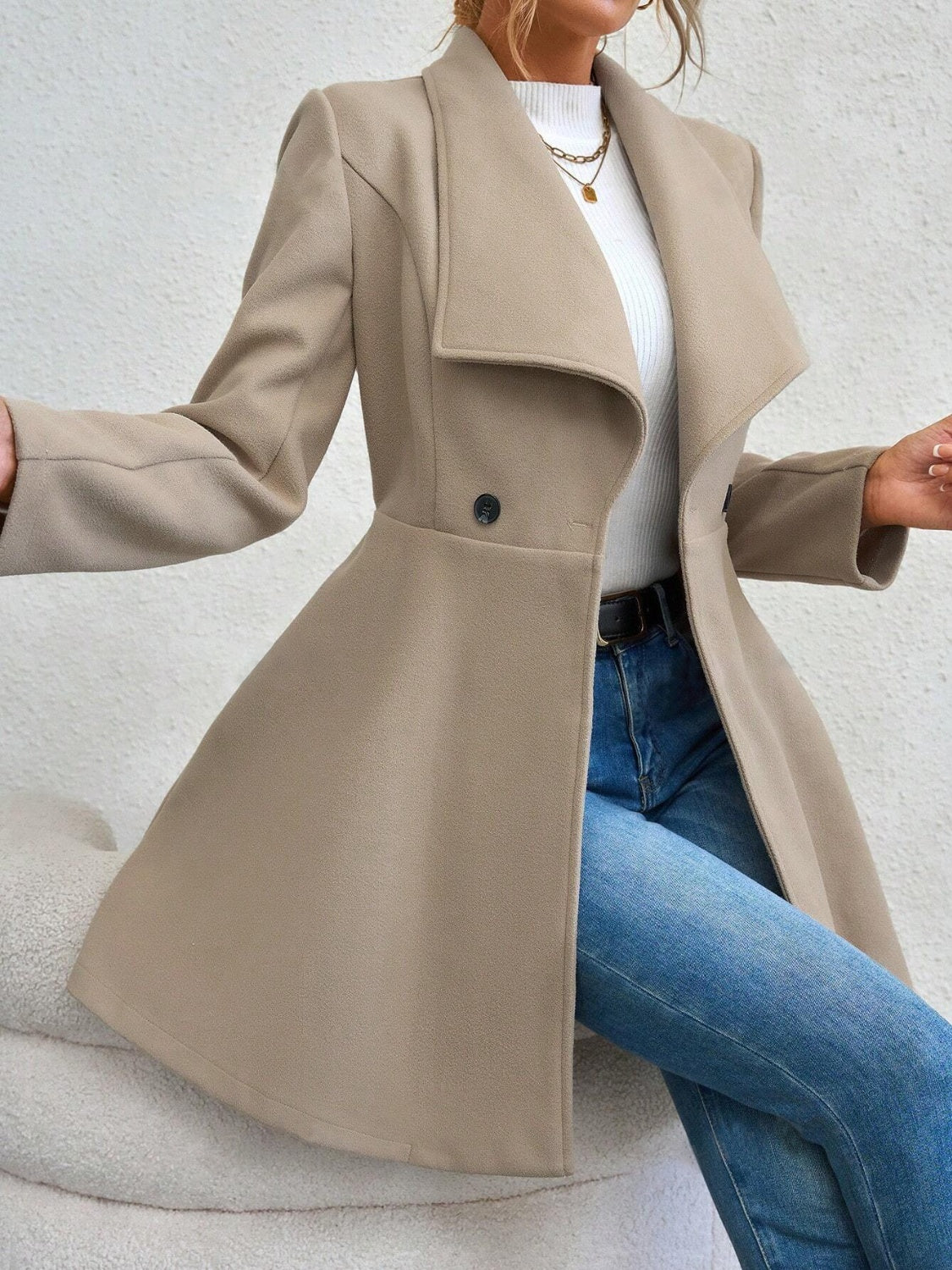 Monique – Collared Neck Button-Up Long Sleeve Coat