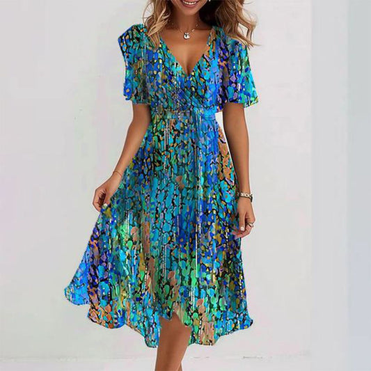 Nadine – Blue Short Sleeve Midi Dress