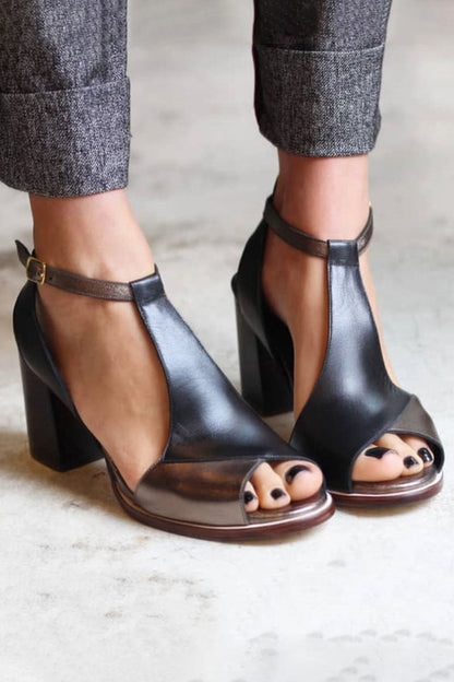 Nadaria | Black Patchwork Peep-Toe Heeled Sandals