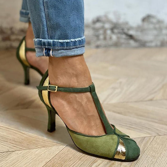Taviana | Patchwork Pumps with T-Strap and Closed Toe