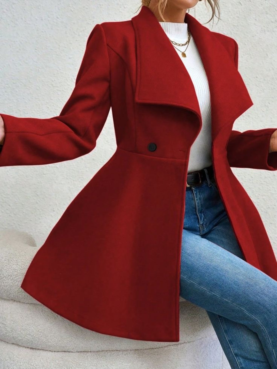 Monique – Collared Neck Button-Up Long Sleeve Coat