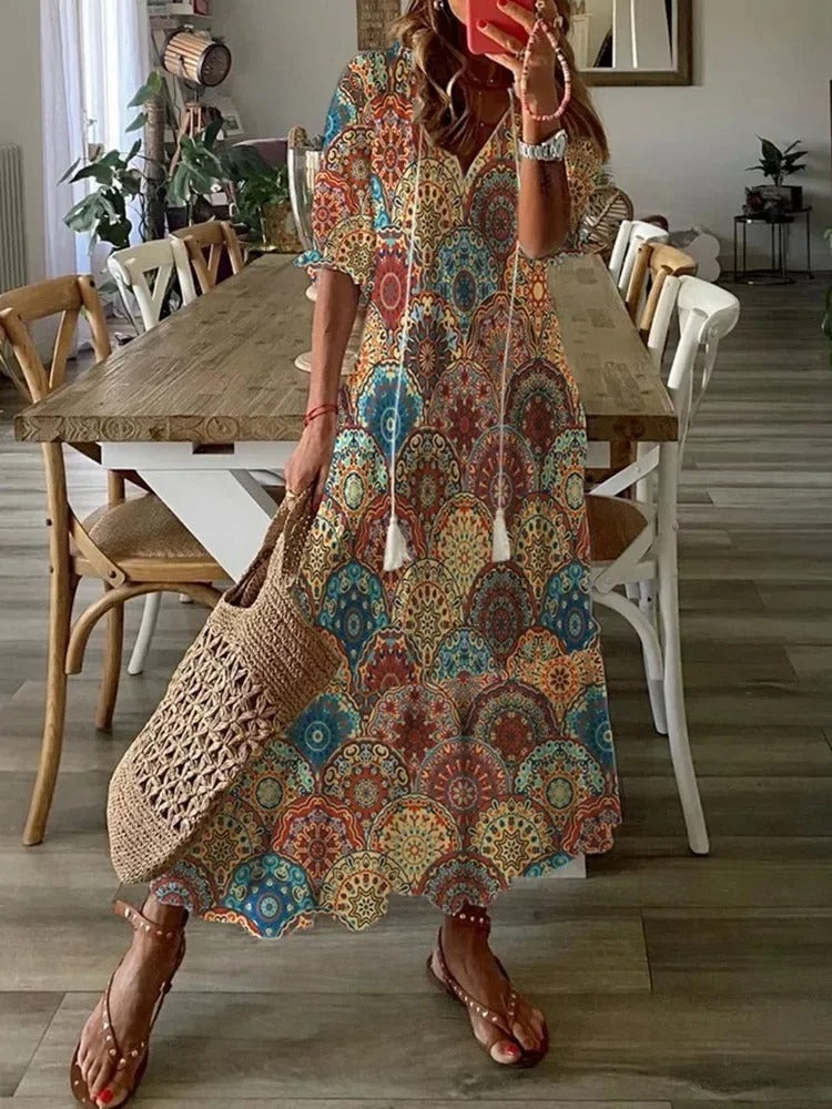 Fiona – Boho Print Tassel Maxi Dress