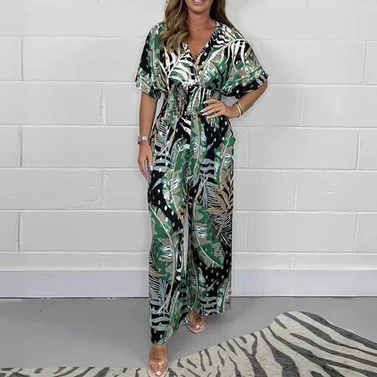 Yvonne – Leaf Print Bodysuit with Elastic Waist