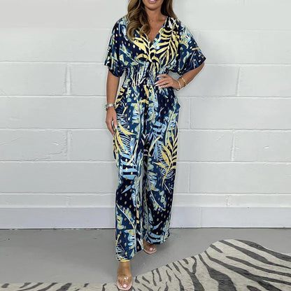 Yvonne – Leaf Print Bodysuit with Elastic Waist